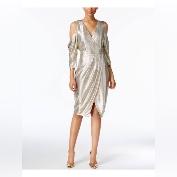 RACHEL Roy Wrap Gold Metallic Off Shoulder Dress - Picture 2 of 12